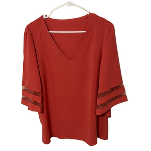 🐞Women’s Red V-Neck Blouse with Sheer Sleeve Stripes size XL GUC